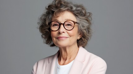 Fototapeta premium Confident elderly caucasian female in glasses and pink blazer