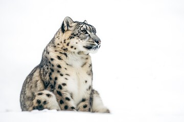 Naklejka premium Snow Leopard Sitting Calmly in Winter Setting Against White Background