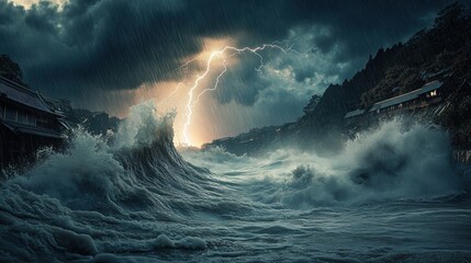 City buldings and giant tide wave ravaging coast town in a hurricane storm.