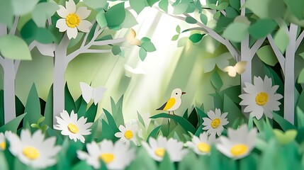 Paper art bird spring forest.