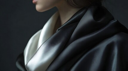 Elegant woman in profile wearing a black and white silk scarf, close-up shot with soft lighting highlighting texture, delicate folds, and subtle color contrast against a dark background.