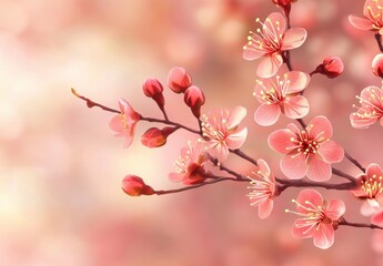 Obraz premium Beautiful Cherry Blossom Branch with Delicate Pink Flowers and Soft Blurred Background in Pastel Tones Capturing the Essence of Spring and Nature