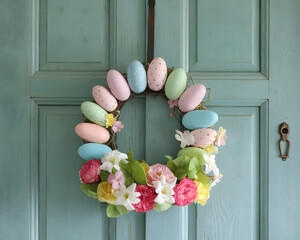 Festive Easter wreath made of pastel-colored eggs and spring flowers adorning a teal wooden door, warm and welcoming atmosphere. Home decoration celebrating the joy of Easter and the arrival of spring