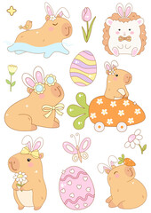 Hoppy Easter Capybaras Clipart Set SVG Groovy Capybara Spring Garden Flower Hippie Capybara Easter Capybara Easter Eggs Flower Nature