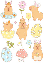 Set of illustrations of cute capybara in different poses and emotions with flowers, spring flowers 