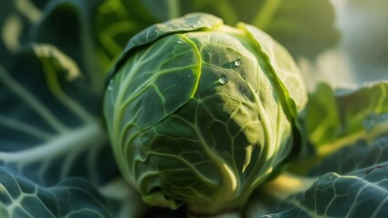 Freshly grown cabbage with water droplets in a sunny garden setting during morning light