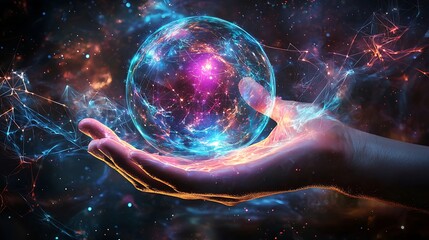 Cosmic sphere held in a hand, glowing with ethereal energy