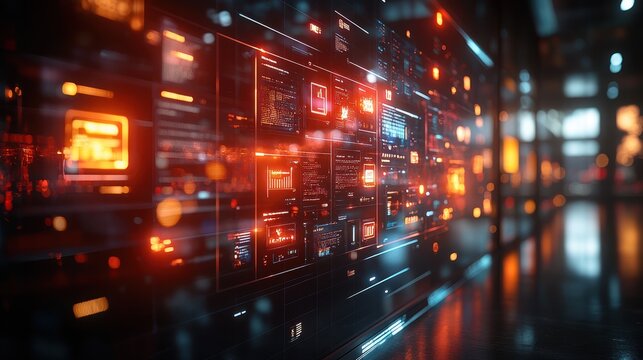Futuristic digital interface with glowing red and orange data streams on a large screen.