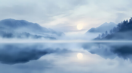 Shimmering veil of fog enfolds a tranquil lake, serene, scenery. Shimmering Veil. Illustration