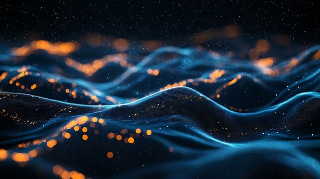 Abstract background featuring blue glowing waves and orange bokeh lights against a dark night sky, symbolizing big data and futuristic technology in a cosmic setting.