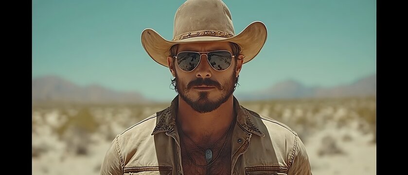 A man wearing a cowboy hat and sunglasses in a desert