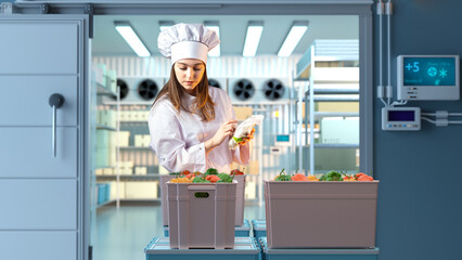 Female chef inspects fresh vegetables in a cold storage room, ensuring food quality and proper...