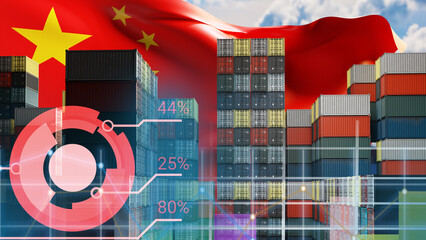 Stacks of colorful shipping containers with data visualization elements and the Chinese flag in the background, representing China’s global trade, logistics, and export statistics 3d image