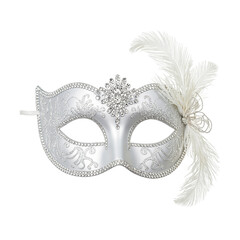 Elegant white masquerade mask with rhinestones feathers and lace details for a sparkling and extravagant look