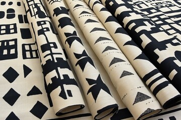 Close-up of rolled fabric bolts showcasing various black and white geometric patterns.
