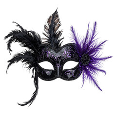 Fototapeta premium Elegant black and purple masquerade mask with glossy finish and feather details evoking mystery and allure