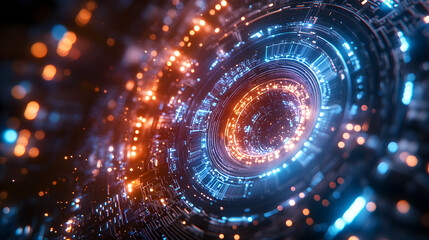 Obraz premium Futuristic digital vortex with glowing blue and orange lights, representing advanced technology, artificial intelligence, quantum computing, and high-speed data networks.