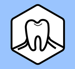 Dental icon with tooth. Logo for orthodontic clinic. Outline tooth and gums. Hexagonal icon for dentist advertising. Logo for whitening toothpaste. Healthy tooth implanted by dentist. 3d image