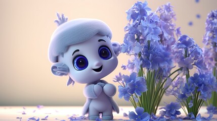 Obraz premium A photo of a 3D character presenting a bouquet of lavender flower