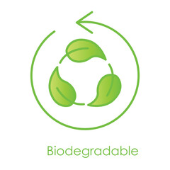 Vector icon for biodegradable materials. Displays a circular recycling symbol with leaves, representing eco-friendly and decomposable items.