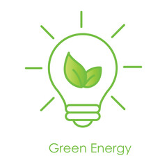 Vector icon for green energy. Depicts a lightbulb with leaves inside, symbolizing renewable energy and sustainable power solutions.
