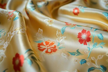 Elegant gold silk fabric with floral embroidery. Soft, luxurious texture and vibrant colors.