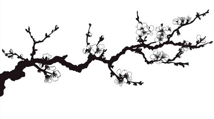 Elegant Black Ink Blossom Branch Silhouette Botanical Art Print Graphic Design Element Simple Minimalist Nature Spring Floral Illustration White      