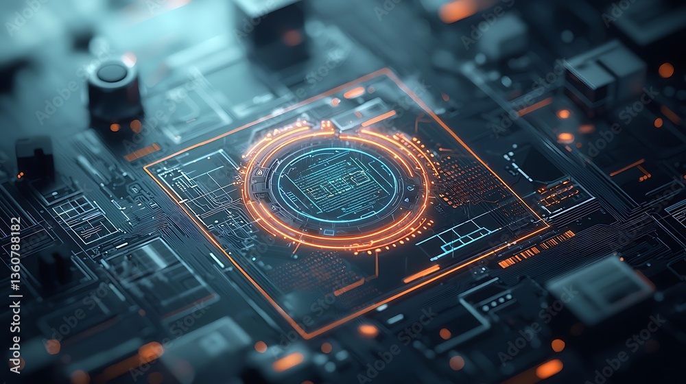 Poster High-tech circuit board with glowing central processor
