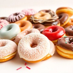 A colorful array of stacked donuts with various glazes and sprinkles, captured in a brightly lit studio setting with a festive touch of confetti