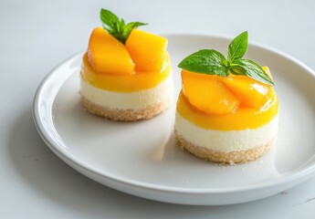 Fototapeta premium Delicious cheesecake with fresh mango slices and mint on a white plate, perfect for dessert lovers and food photography enthusiasts alike