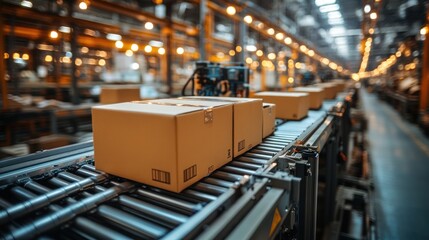 Cardboard boxes moving on conveyor belt in factory.