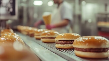 Close-up of hamburger buns on a production line, showcasing meat-like texture. A blurred worker and machine convey a clean, modern food factory atmosphere. High-resolution image.