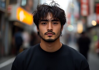 A young man with dark hair in an urban setting