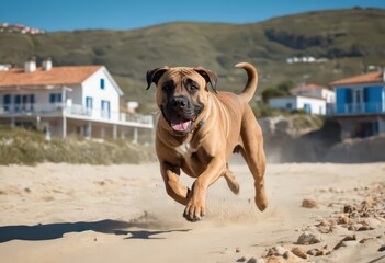 perro de presa canario dog playing outdoors on the sand of a beach, doggy running on the coast near the ocean domestic animal outdoor on the shores