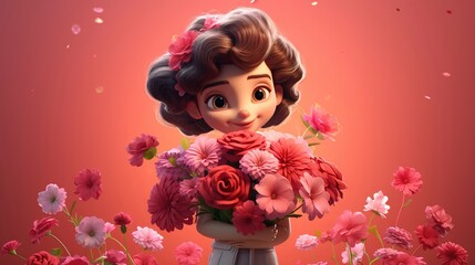 Fototapeta premium A photo of a 3D character with a bouquet of zinnia