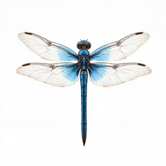 Blue Dragonfly with Delicate Wings on White Background  