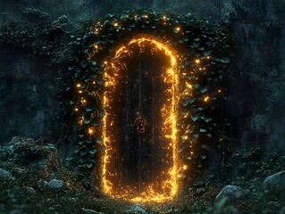 Fototapeta premium A vine-covered ancient door that glows with golden energy, its leaves shifting in an unknown rhythm, guarding a hidden world.