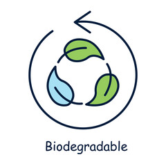 Vector icon for biodegradable materials. Displays a circular recycling symbol with leaves, representing eco-friendly and decomposable items.