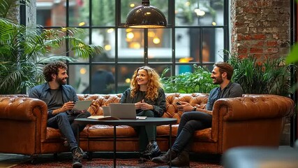 Friends enjoying a casual meeting in a cozy café with plants and warm lighting in the background