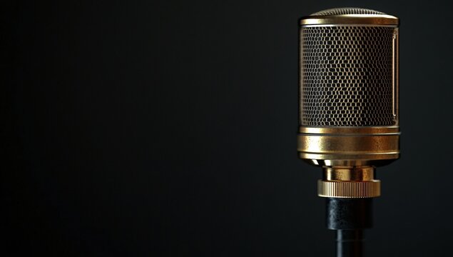 Vintage gold microphone on a dark background.  Perfect for recording studios or podcasts.