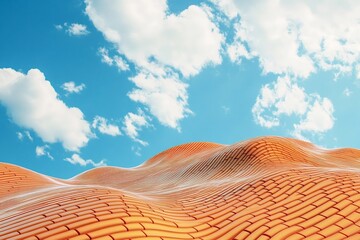 Modern architecture featuring an orange tiled roof forming rolling hills against a backdrop of blue sky and fluffy clouds, creating a surreal and visually striking landscape