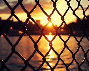 Fototapeta premium Golden sunset seen through a metal chain link fence gracefully