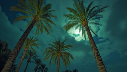 Night Sky Tropical Palms Moonlit Scene Dramatic Clouds