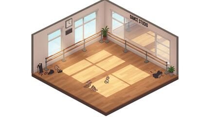 Isometric Dance Studio with Ballet Barre and Shoes on Wooden Floor