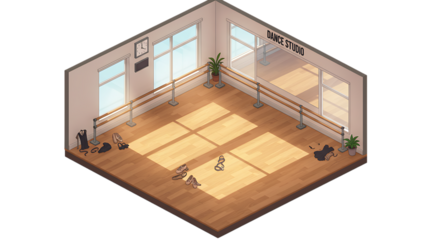 Isometric Dance Studio with Ballet Barre and Shoes on Wooden Floor