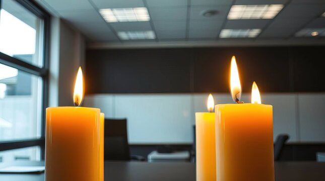 A professional office scene dramatically lit by distinct split warm candle lights, flickering flames, bold warm glow, clearly divided sections