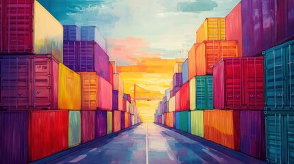 Fototapeta premium Colorful shipping containers stacked high in port at sunset. Rows of vibrant containers create vibrant pattern against evening sky. Road leads through container wall. Scene global trade, shipping
