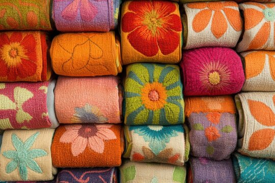 Colorful textile rolls with floral embroidery, stacked neatly.  Vibrant colors and intricate designs.