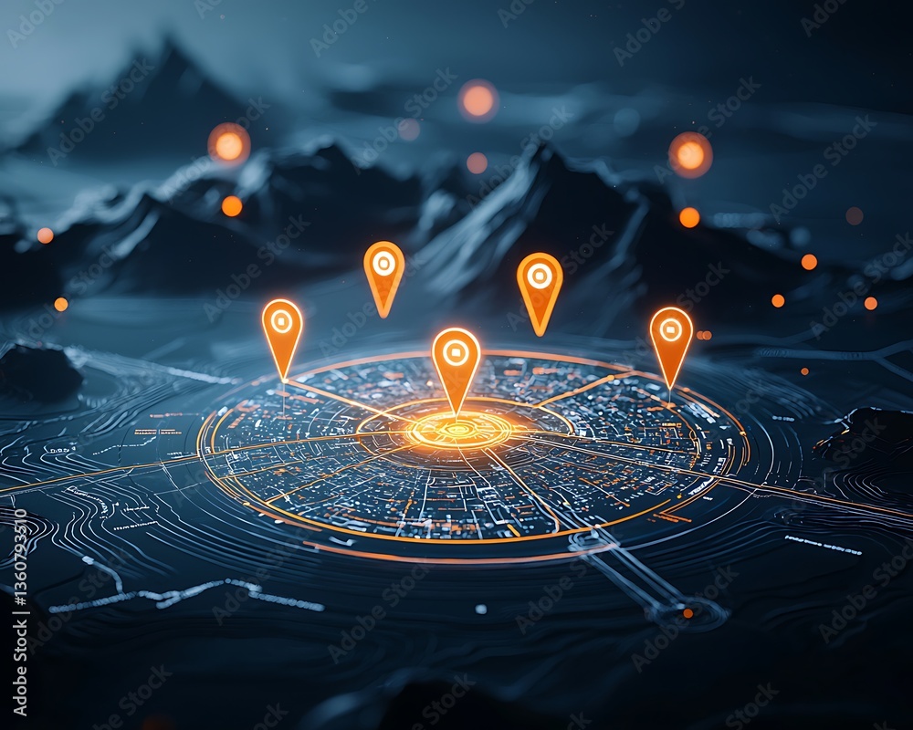 Poster Interactive city map with location markers.  Visualizing data connections within urban landscape