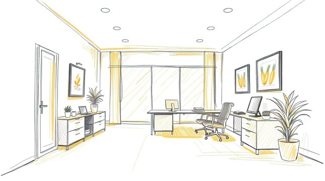 A hand-drawn sketch of a professional office, rendered with warm golden glow, rough lines, textured pencil strokes and a white background to give a radiant, luxurious feel
